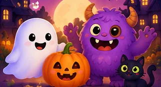 Un fantasma, una calabaza, un monstruo y un gato negro, todos sonrientes