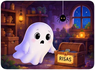 Bruma, un fantasma, en un desván junto a un cofre con la palabra «Risas»