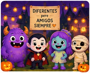 Fran, Vlad, Lila y Ramsés en una fiesta, bajo un cartel que dice «Diferentes pero amigos siempre»