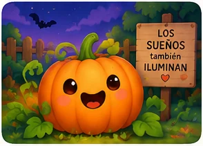 Luli, una calabaza sonriente, junto a un cartel que dice «Los sueños también iluminan»